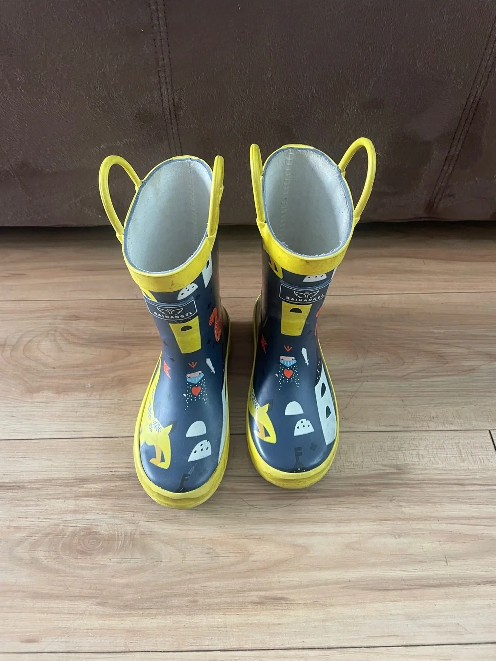Kids Navy and Yellow Dinosaur Rain Boots with Easy Pull Handles